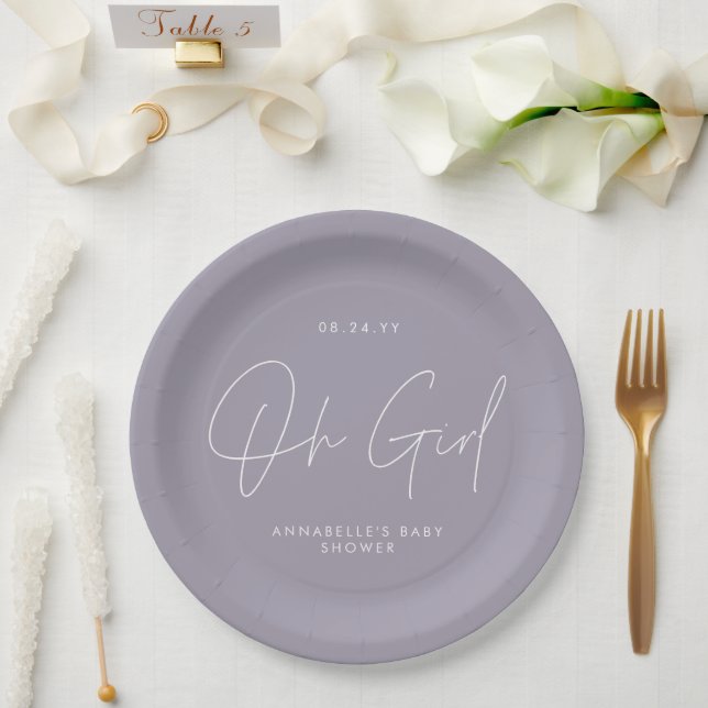 oh girl Baby shower script lilac purple elegant  Paper Plate (Wedding)