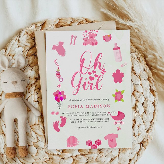 Oh Girl Cute Pink Frame  Baby Shower Invitation (Creator Uploaded)