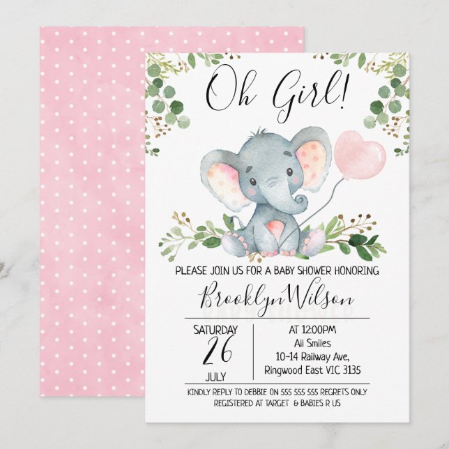 Oh Girl Elephant Balloon Baby shower Invitation (Devant / Derrière)