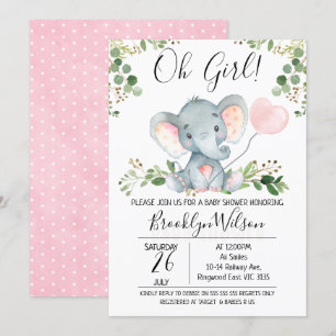 Oh Girl Elephant Balloon Baby Shower Invitation