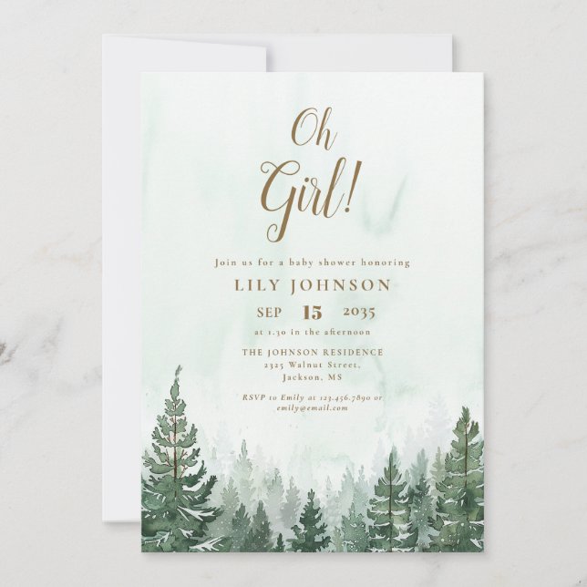 Oh Girl Pine Tree Forest All In One QR Baby Shower Invitation (Front)