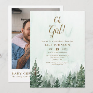 Oh Girl Pine Tree Forest Baby Shower Photo QR Code Invitation