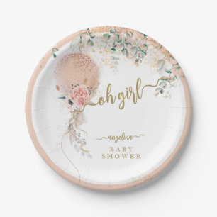 Oh Girl Pink Balloon Floral Eucalyptus Baby Shower Paper Plate