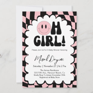 Oh Girl! Pink Checkered Happy Face Baby Shower Invitation