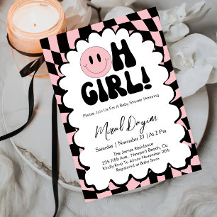 Oh Girl! Pink Chequered Happy Face Baby Shower Invitation