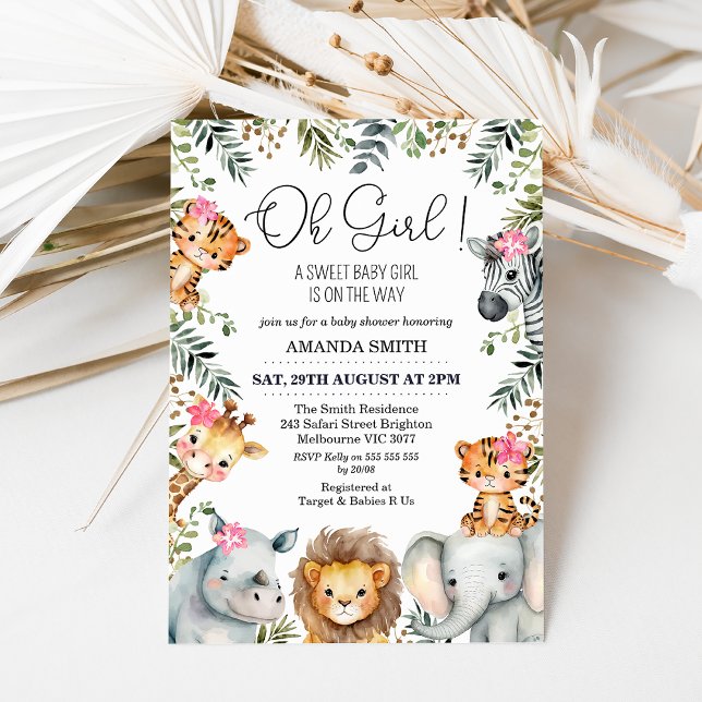 Oh Girl Safari Foliage Baby shower Invitation (Sweet girl safari baby shower invitation featuring seven jungle animals, foliage and pink flowers.)