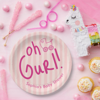 Oh Gurl Pink Stripe Girl Baby Shower Paper Plate