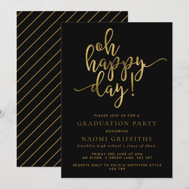 Oh Happy Day Gold Script Graduation Party Invite (Front/Back)