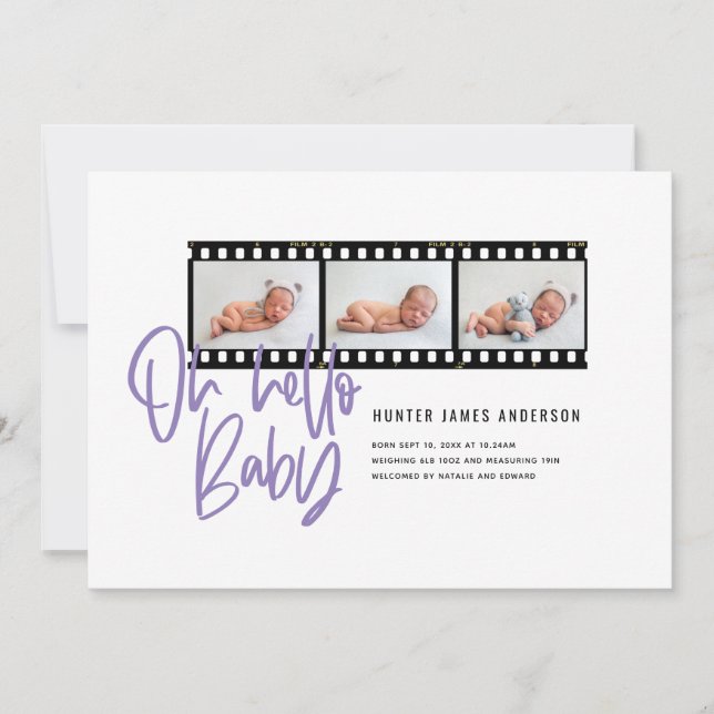 Oh Hello baby modern graphic multi photo film roll Announcement (Front)
