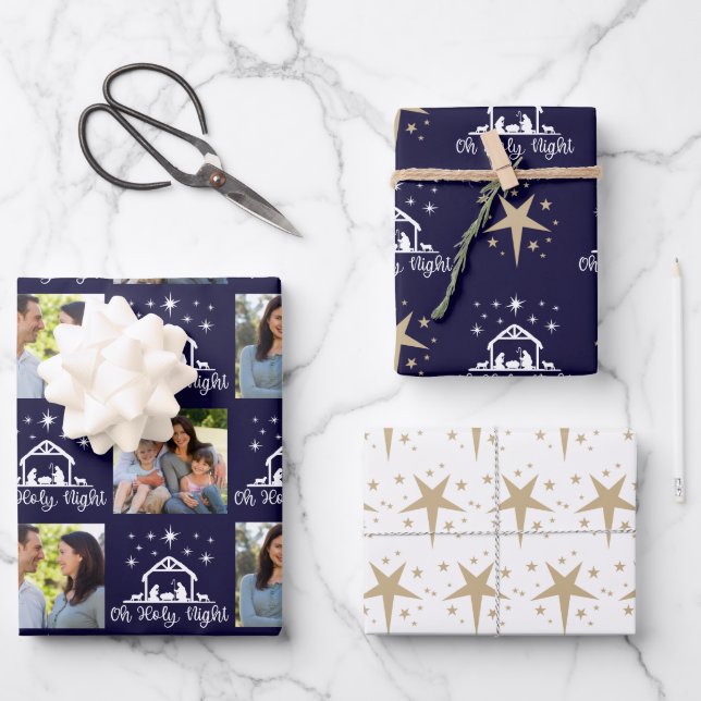 Oh Holy Night Nativity Navy Gold Star Wrapping Paper Sheet (Front)