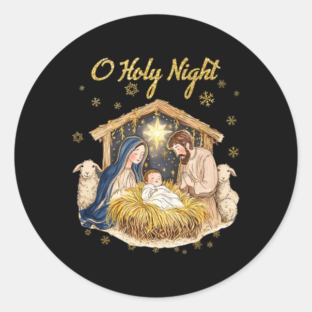 Oh Holy Night Religious Christmas Nativity Scene F Classic Round Sticker (Front)