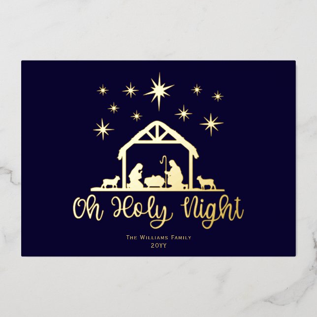 Oh Holy Night Script Typography Nativity 3 Photo Foil Holiday Card (Front)