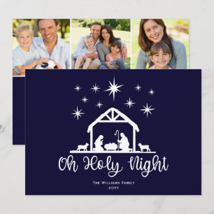 Oh Holy Night Script Typography Nativity 3 Photo Holiday Card