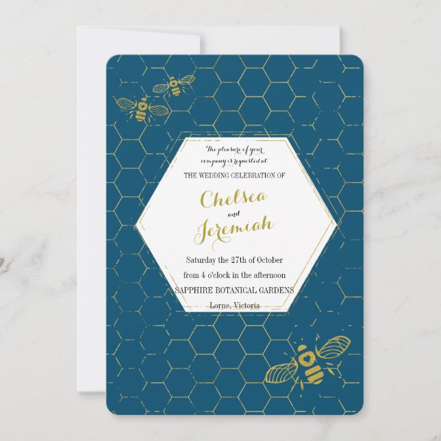 Oh Honey Bee Teal Gold Custom Wedding Invitation (Front)
