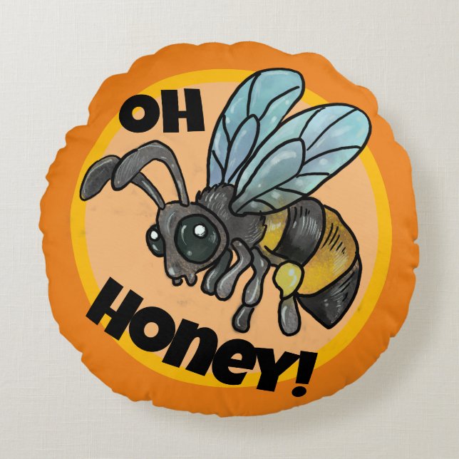 Oh Honey! Cute Bee Round Pillow (Front)