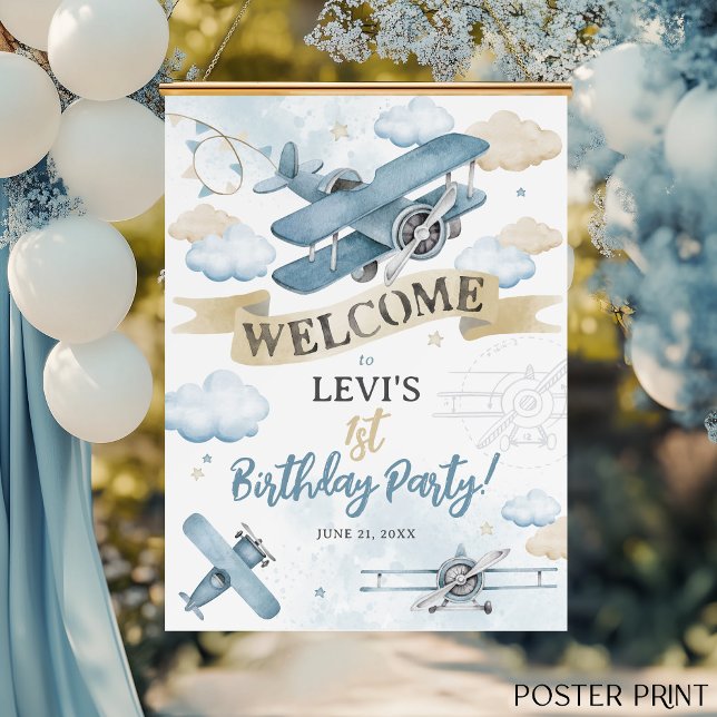 Oh How Time Flies Airplane Birthday Party Welcome Poster (How Time Flies neutral watercolor blue plane airplane cute boy birthday party welcome sign poster)