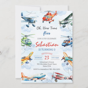 Oh How Time Flies Airplane Pilot Kids Birthday Invitation