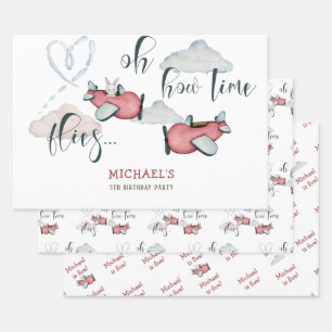 Oh how time flies retro plane boy birthday wrapping paper sheet