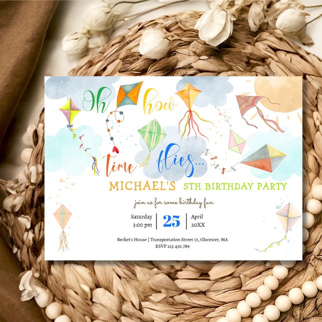 Oh how time flies watercolor kite birthday invitation (Creator Uploaded)