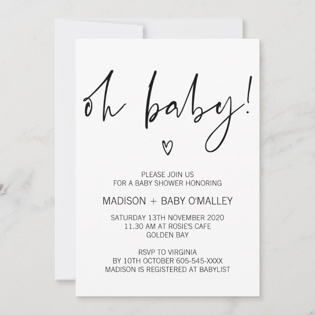 Oh invitation noire et blanche moderne de baby (Devant)