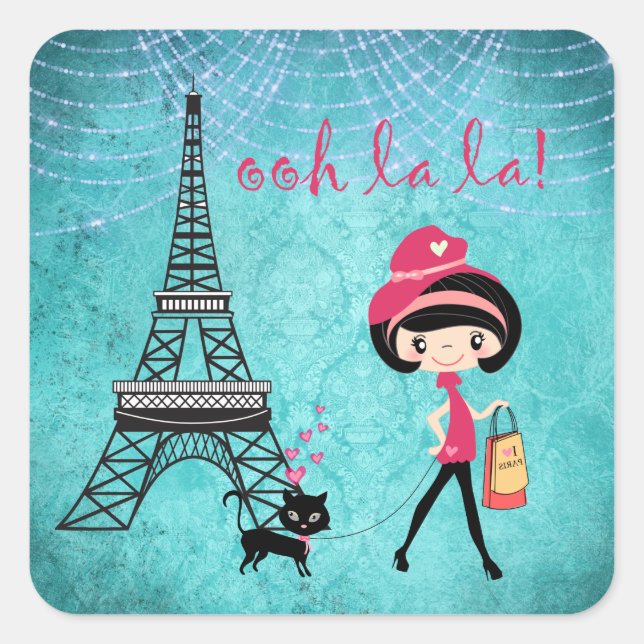 Oh La La Paris Girl and Cat With Eiffel Tower Square Sticker (Front)