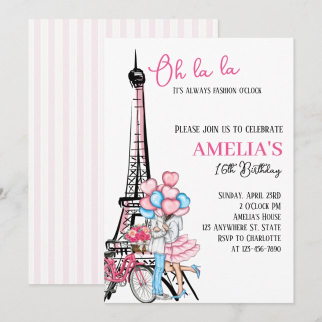 Oh la la Paris Pink Lovers Birthday Invitation (Front/Back)