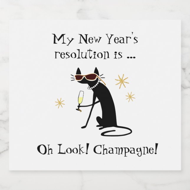 Oh Look! Champagne! New Year's Cat Sparkling Wine Label (Single Label)