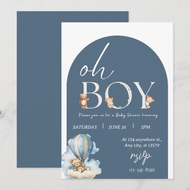 Oh mon Dieu ! Invitation Baby shower Ours et Bleu  (Devant / Derrière)