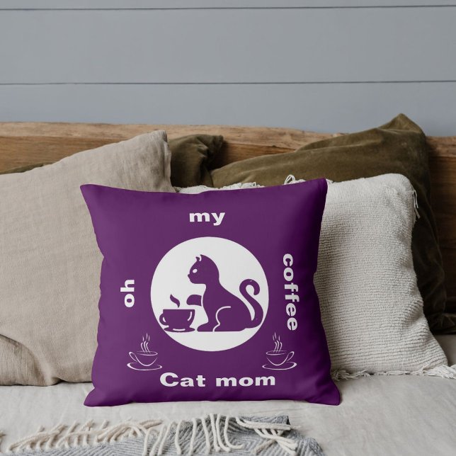 Oh My Coffee Cat Mom Funny Cute Modern Cool Black Throw Pillow (Creator Uploaded)