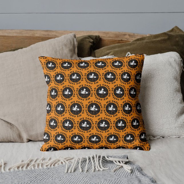 Oh My Coffee Funny Cat Gold Throw Pillow (Creator Uploaded)