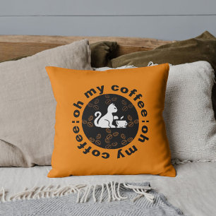 Oh My Coffee Funny Cool Cute Cat White Black Gold  Throw Pillow