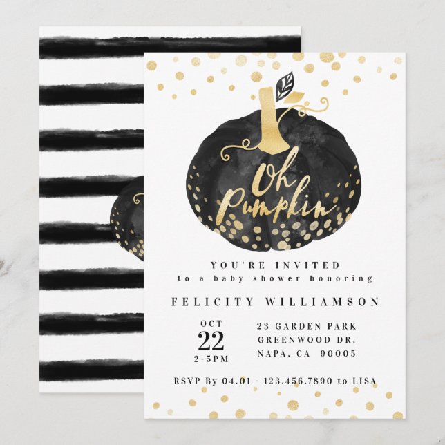 Oh Pumpkin | Chic Black & Gold Pumpkin Baby Shower Invitation (Front/Back)