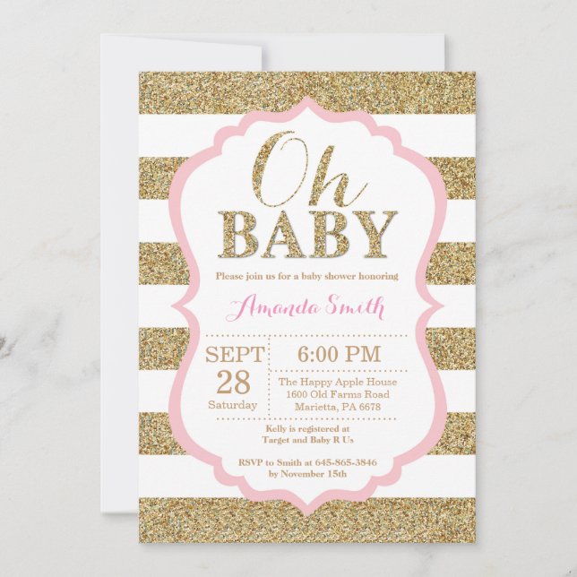 Oh roses pâles et invitation de baby shower d'or (Devant)