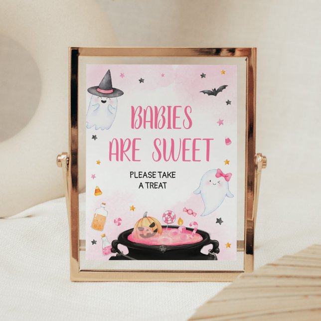 Oh Sheet Ghoul Halloween Babies are Sweet Poster (Pink Oh Sheet Baby Shower Babies are Sweet Sign)
