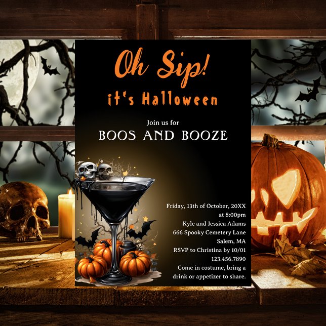 Oh Sip Black Martini Boos & Booze Halloween Party Invitation (Creator Uploaded)
