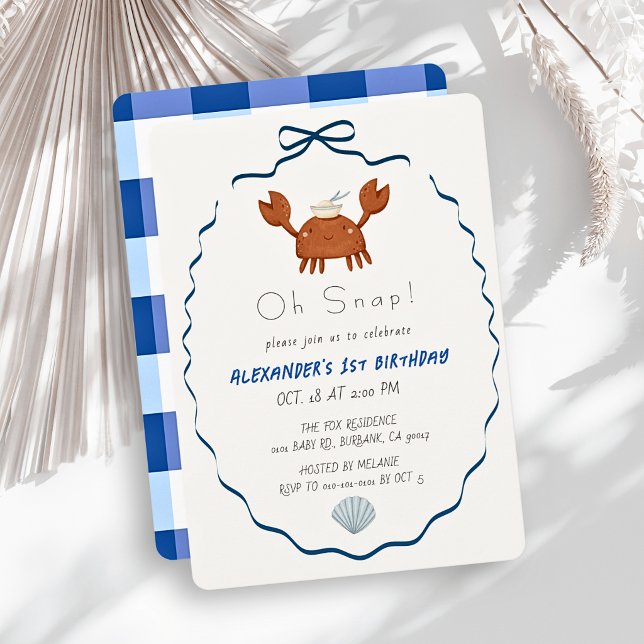 Oh Snap Crab Blue Bow Boy 1st Birthday Invitation (Creator Uploaded)