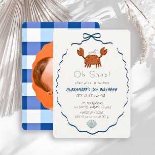Oh Snap Crab Blue Bow Boy Photo 1st Birthday Invitation