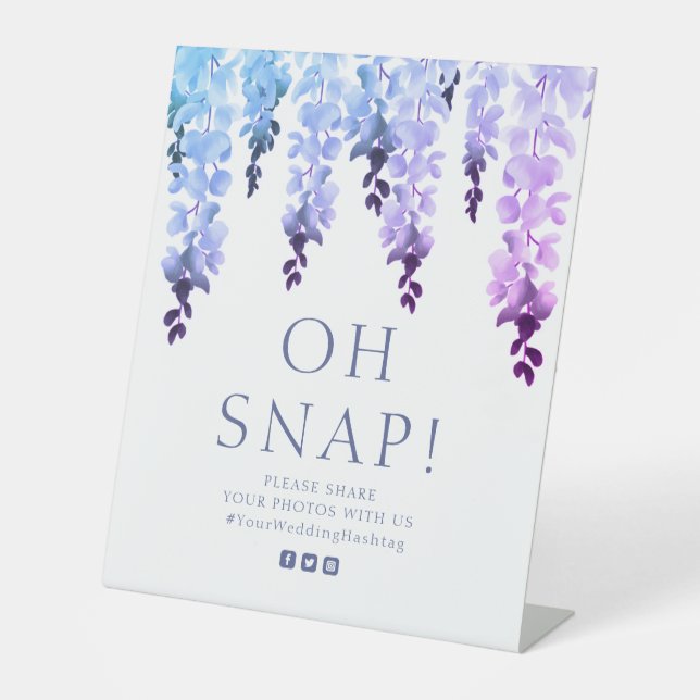 Oh Snap Purple Wisteria Floral Script Wedding Pedestal Sign (Front)