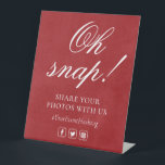 Oh Snap Social Media Chic Modern Wedding Event Pedestal Sign<br><div class="desc">This modern design features the text "Oh snap! Share your photos with us #YourEventHashtag" in modern calligraphy script with a Facebook, Twitter and Instagram icon below. Personalize by editing the text in the text boxes provided. #weddingsigns #wedding #weddingdecor #weddingsignage #weddinginspo #weddinginspiration #weddingideas #weddingsign #weddingplanning #weddingdecorations #weddingdetails #weddingseason #weddings #customsigns #eventsignage...</div>