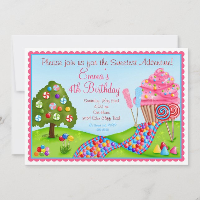 Oh Sweet Candy Land Birthday Cupcake Invitations (Front)
