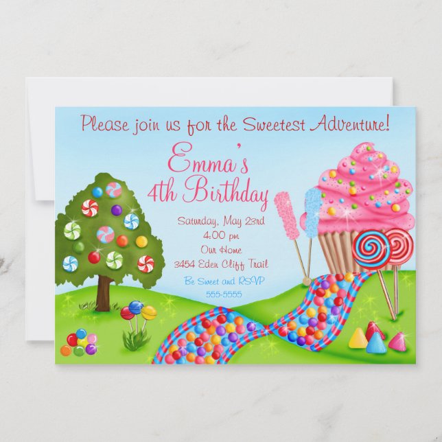 Oh Sweet Candy Land Birthday Cupcake Invitations (Front)