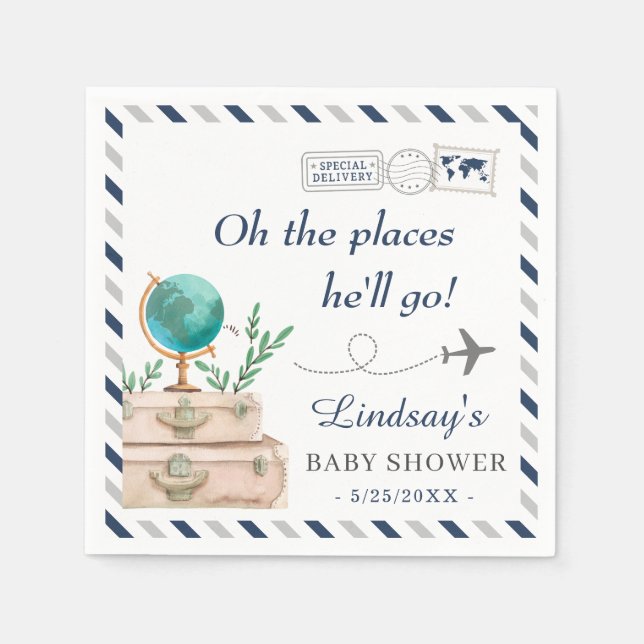 Oh the Places He'll Go Adventure Boy Baby Shower Napkin (Front)