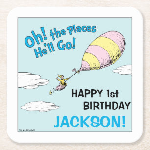 Oh, The Places He'll Go! - First Birthday Square Paper Coaster