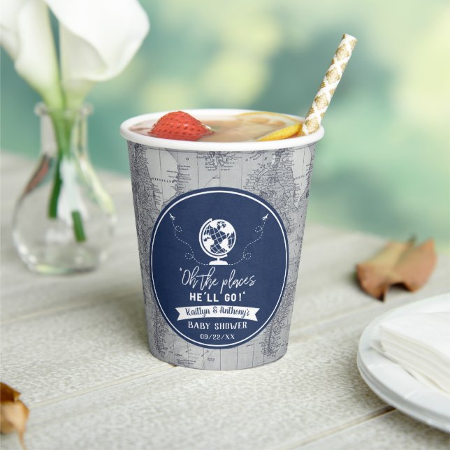 "Oh The Places He'll Go!" Travel Map Baby Shower Paper Cups (Insitu)