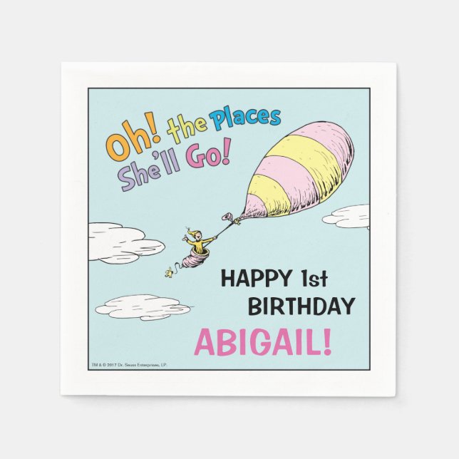 Oh, The Places She'll Go! - First Birthday Napkin (Front)