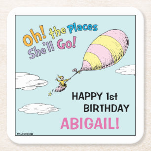 Oh, The Places She'll Go! - First Birthday Square Paper Coaster