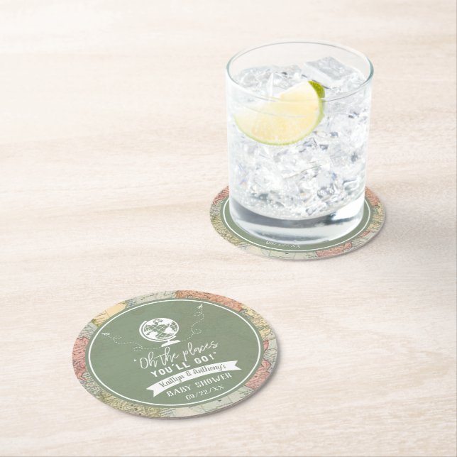 "Oh The Places You'll Go!" Travel Map Baby Shower Round Paper Coaster (Insitu)