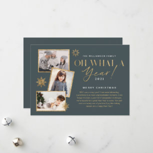 Oh What a Year! Year in Review Gold & Grey 3 Photo Holiday Card