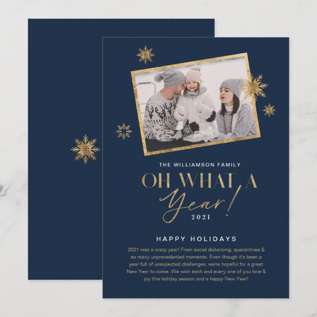 Oh What a Year! Year in Review Gold & Navy 1 Photo Holiday Card (Front/Back)