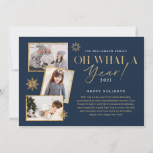 Oh What a Year! Year in Review Gold & Navy 3 Photo Holiday Card